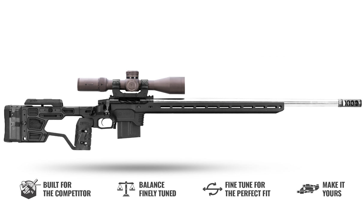 An MDT ACC Elite Chassis System competition rifle with a black stock, metal components, and an adjustable scope, designed for balance and precision.
